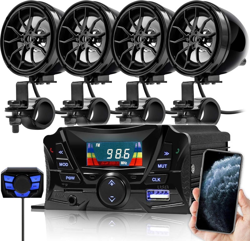 GoHawk Motorcycle Speakers Bluetooth, Waterproof Speakers and Amplifier Audio Sound System, Weatherproof, FM Radio, Volume Control, ATV UTV w/AUX in, USB, Micro SD - Image 1